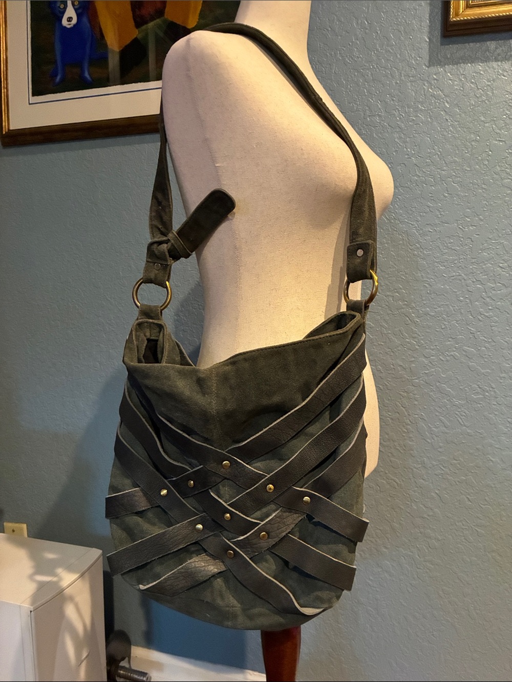 Deena & Ozzy Olive Green Canvas Shoulder Bag with Dark Strap Detail